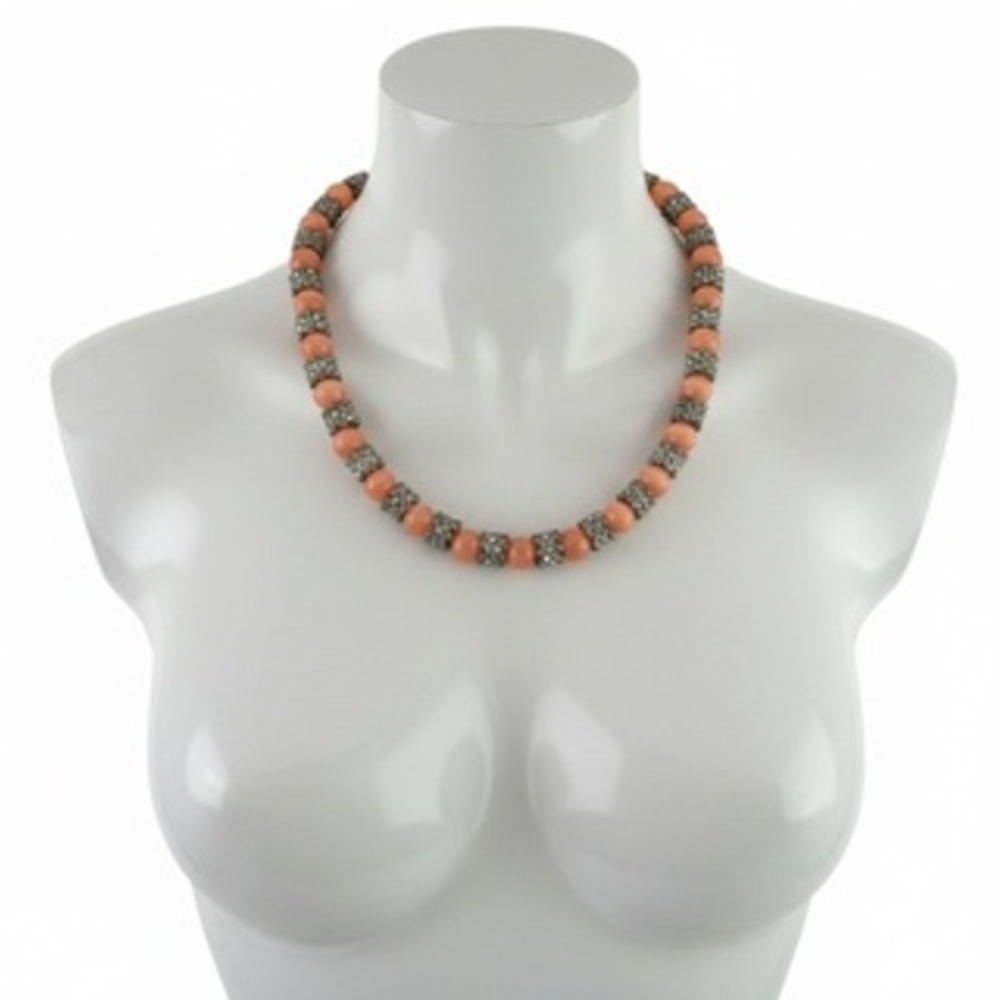 Peach Cats Eye Beaded Collar Necklace Gunmetal Spacers Adjustable 16-19 Inch